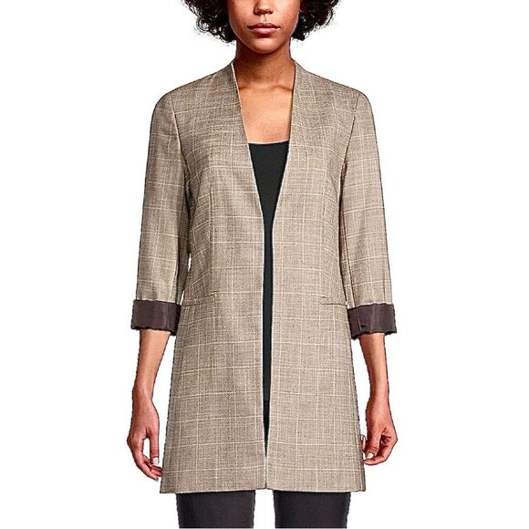Calvin Klein Jackets & Blazers - Calvin Klein Open Front Tan Topper Jacket Collarless Long Blazer Plaid NWT 18W